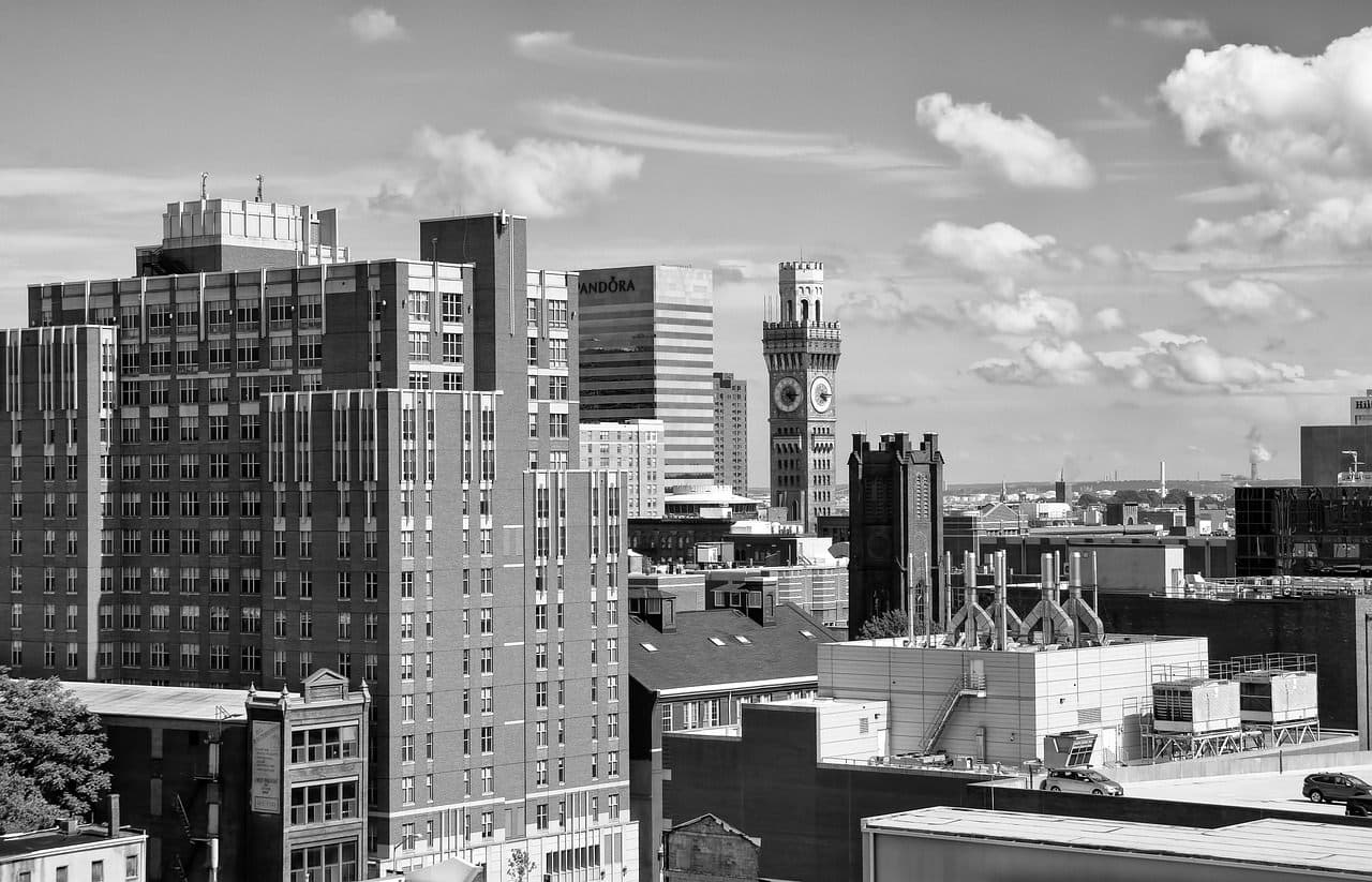 Baltimore, Maryland skyline or neighborhood view for local Jewish obituary resources for New York