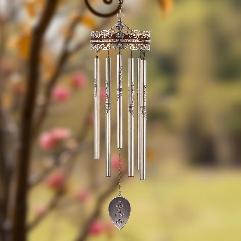 Memorial wind chimes hanging in soft light